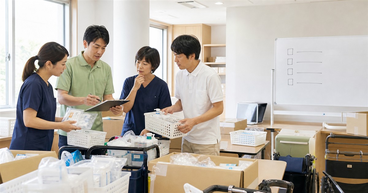 新規開設の介護施設で備品と運営手順を確認する職員チーム