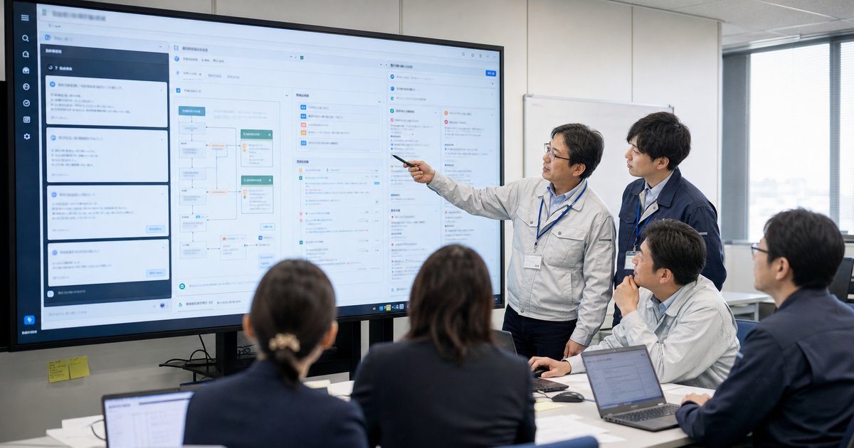 製造業DXプロジェクトの現場で、PMOと各部門の担当者がAIエージェント画面の業務フロー、課題、不整合候補を確認している様子