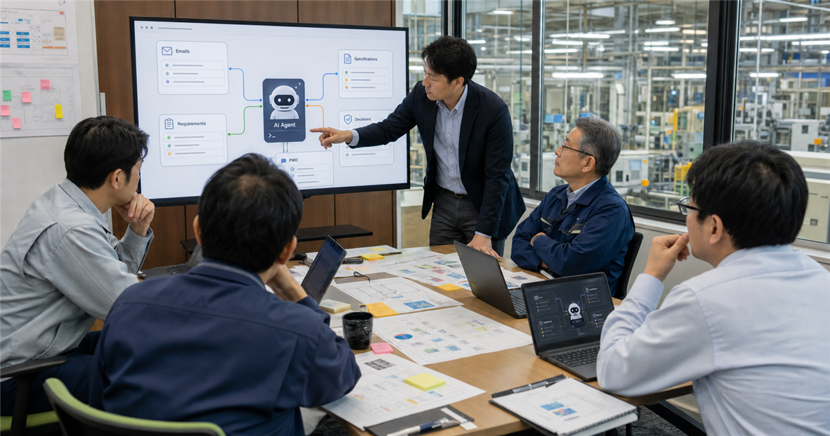 製造業DXプロジェクトの会議室で、PMOと各部門の担当者がAIエージェントの画面を見ながら要件定義とシステム仕様の対応を議論している様子