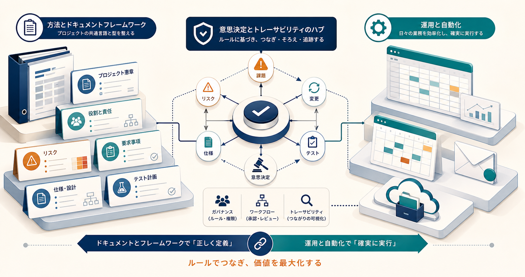 PMI Infinityの文書フレームワークとGoogle Workspaceの業務操作を、意思決定とトレーサビリティでつないだ比較図