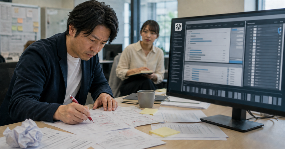AIエージェントが動く画面の横で、出力を印刷した資料に赤ペンで印を付けながら内容を確かめるPMOの担当者